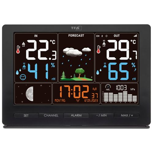 Ein TFA Wetterstation-Display mit Innen-/Außentemperatur, Luftfeuchtigkeit, Vorhersage und Uhrzeit.