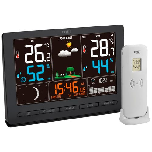 Digitales Wetterstation mit Außensensor zeigt Innen-/Außentemperatur, Luftfeuchtigkeit und Vorhersage.