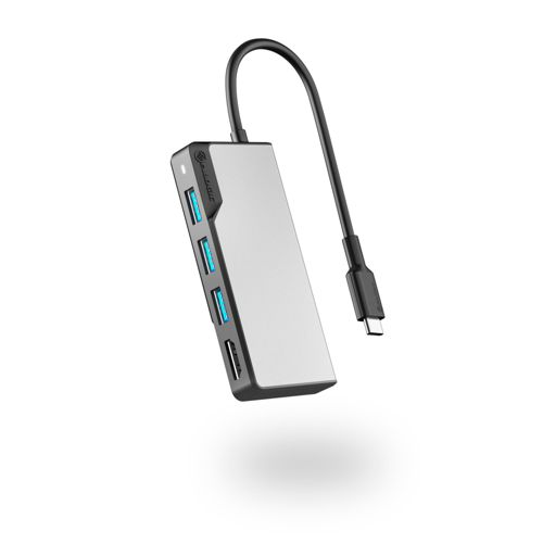 Hub USB-C argentato con tre porte USB-A e una porta USB-A.