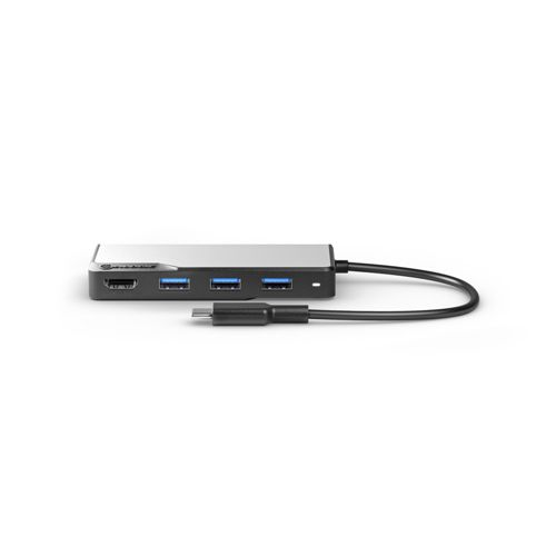 Un hub USB-C argento e nero con HDMI e 3 porte USB.