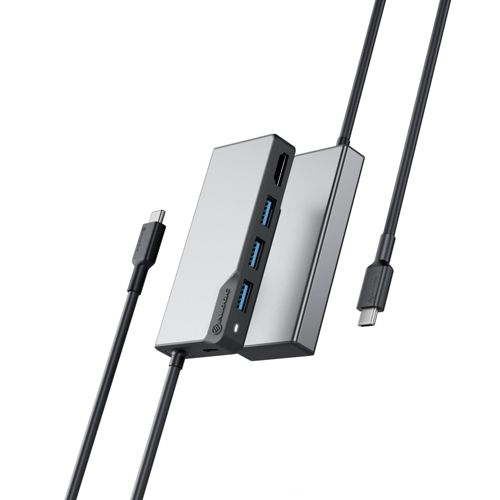 Hub USB-C argentato con porte HDMI e USB e cavi.