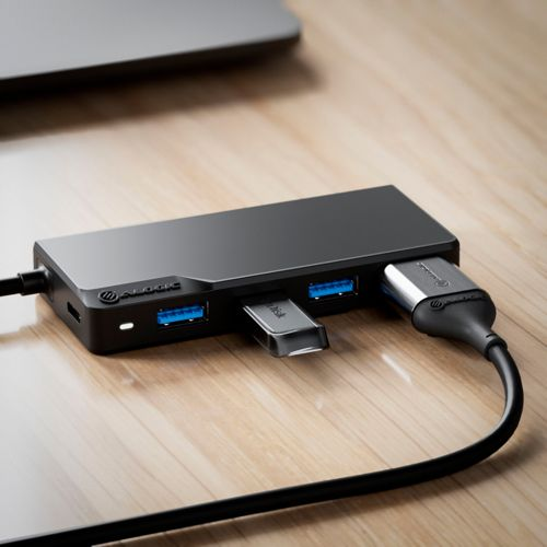 Hub USB nero con unità USB collegate e laptop su una scrivania di legno.