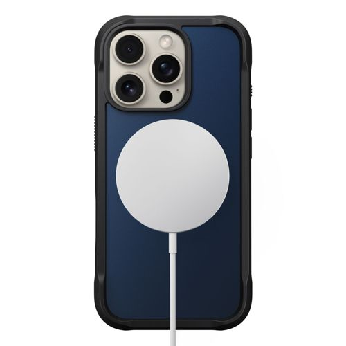iPhone blu scuro con cornice nera, fotocamere e caricatore magnetico bianco.