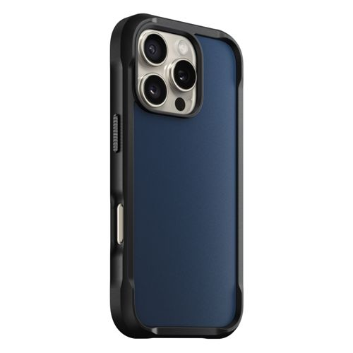 Custodia blu scuro per iPhone con cornice nera e modulo fotocamera