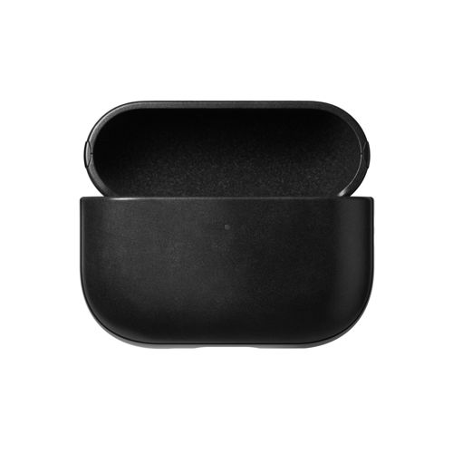 Custodia di ricarica nera aperta per auricolari wireless, isolata su bianco.