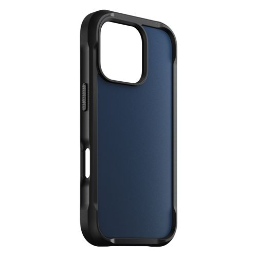 Custodia blu scuro per telefono con cornice nera, vista laterale.