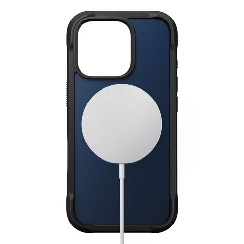 Custodia blu scuro per iPhone con cornice nera e caricabatterie MagSafe bianco.