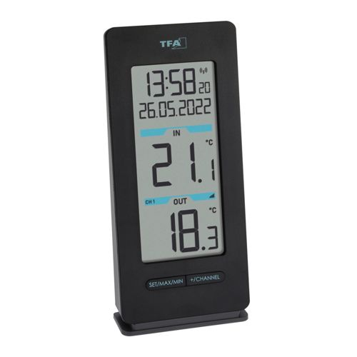 Schwarzer TFA-Thermometer zeigt 13:58, 21.1°C innen und 18.3°C außen an.
