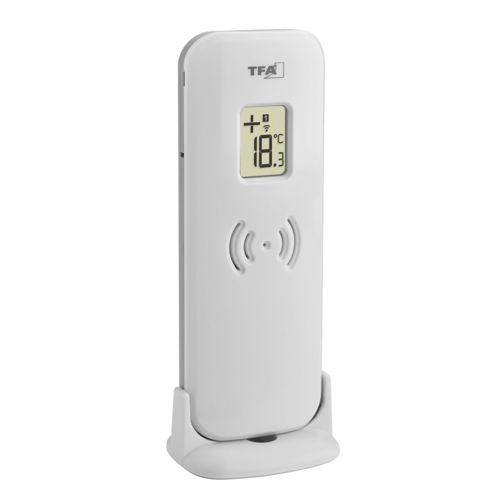 Ein weißes TFA-Thermometer mit Digitalanzeige, das 18,3 °C anzeigt.