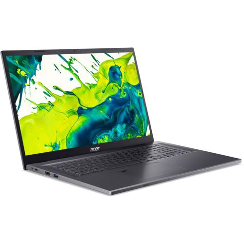 Ein dunkler Acer Laptop mit einem bunten Bildschirmschoner auf dem geöffneten Bildschirm.