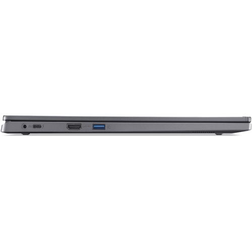 Seitenansicht eines dunklen Laptops mit Anschlüssen: USB-C, HDMI, USB-A und Audiobuchse.