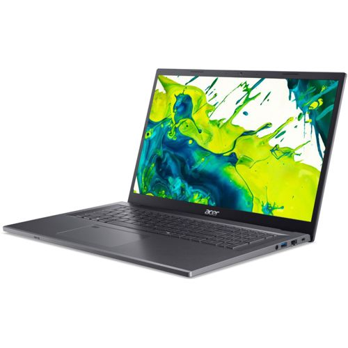 Ein grauer Acer Laptop ist geöffnet und zeigt ein lebendiges grün-blaues abstraktes Bild auf dem Bildschirm.
