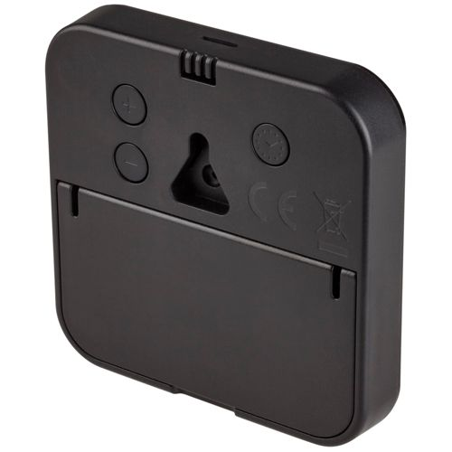 Arrière d'un appareil noir avec boutons, trou de suspension et compartiment à piles.