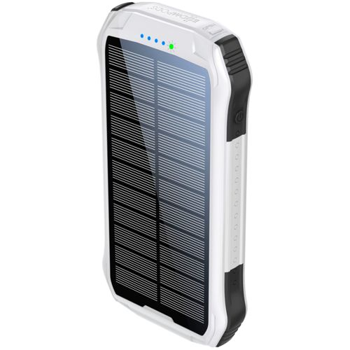 Weiße und schwarze Solar-Powerbank mit blauen und grünen Indikatorleuchten.