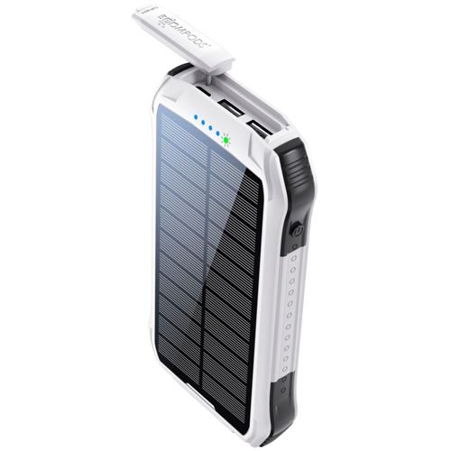 Weißes Solar-Ladegerät mit USB-Anschlüssen und Ladeanzeigen.