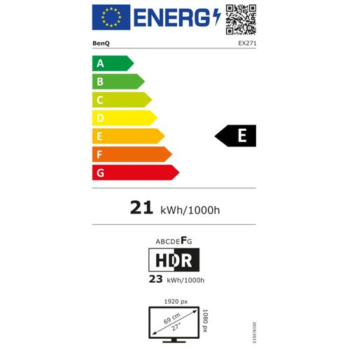 Energy label with scale A-G, BenQ EX271, 21 kWh/1000h, HDR, 23 kWh/1000h, 1920x1080px, 27 inch.