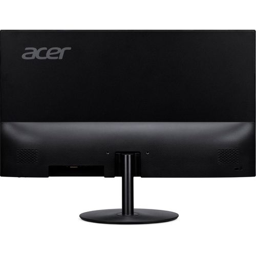 Back of a black Acer monitor with a silver logo on the top left.