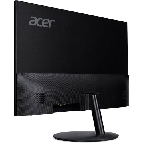 Rear view of a black Acer monitor with silver logo and black stand.