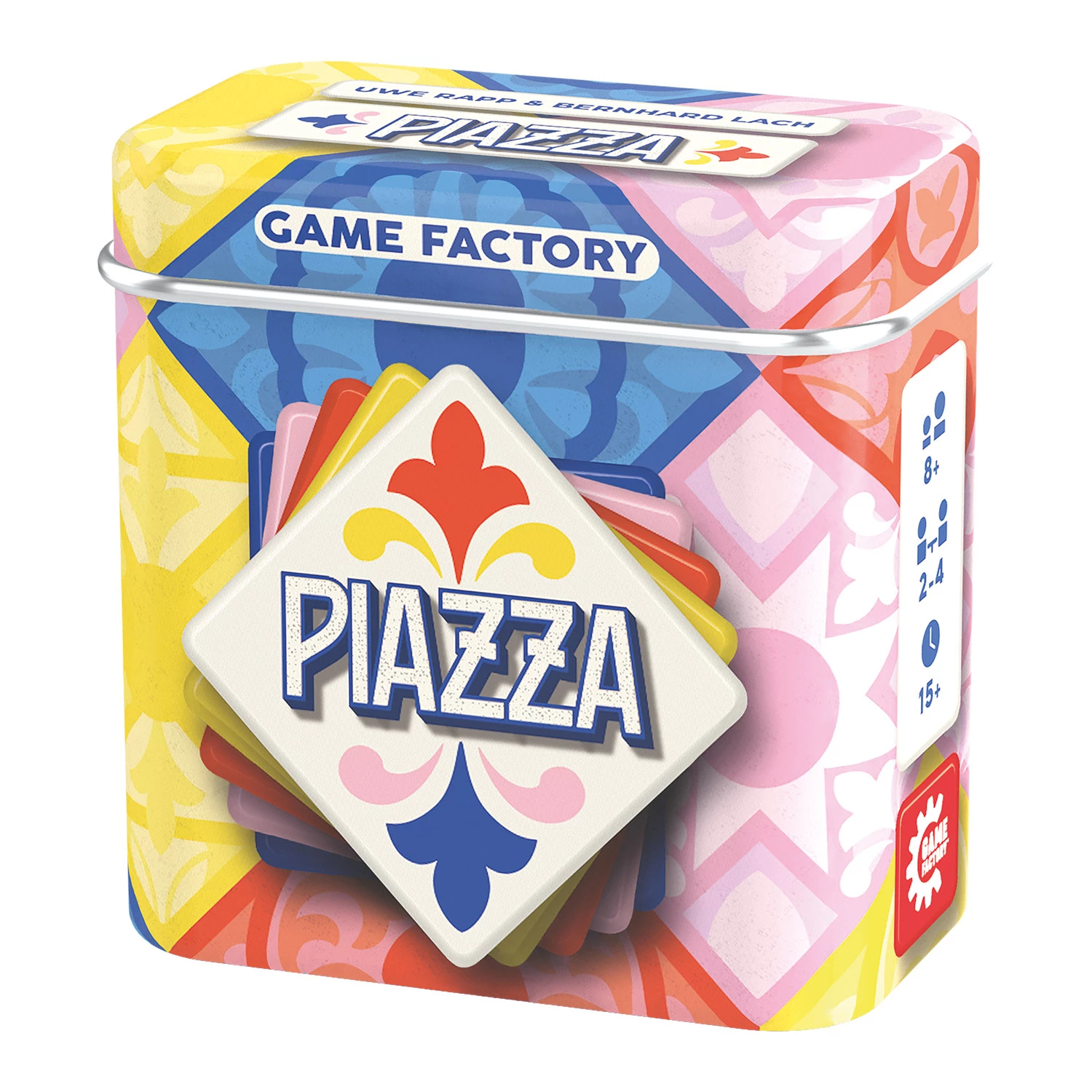 Boîte de jeu colorée avec le titre PIAZZA et des motifs géométriques.