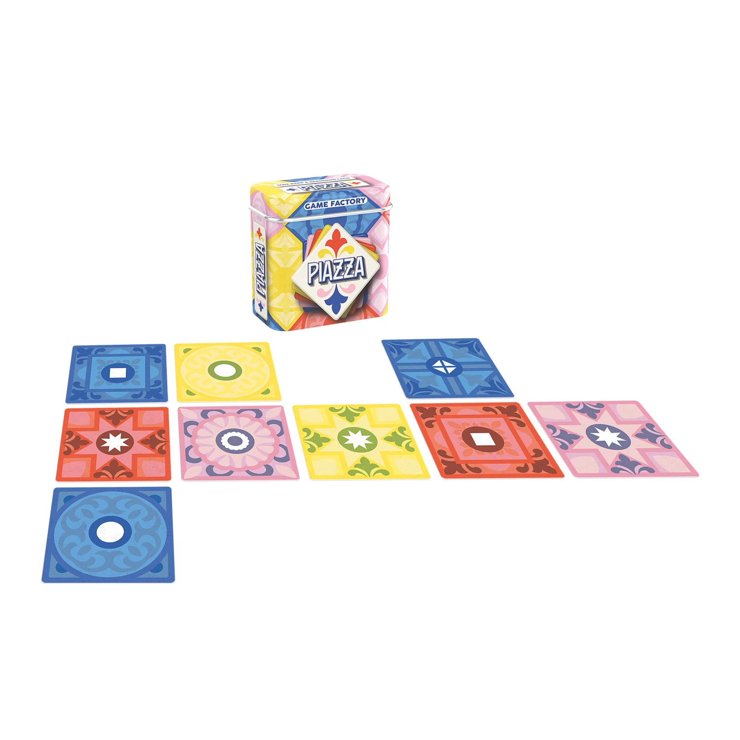 Tuiles de jeu colorées avec des motifs et une boîte de jeu assortie.