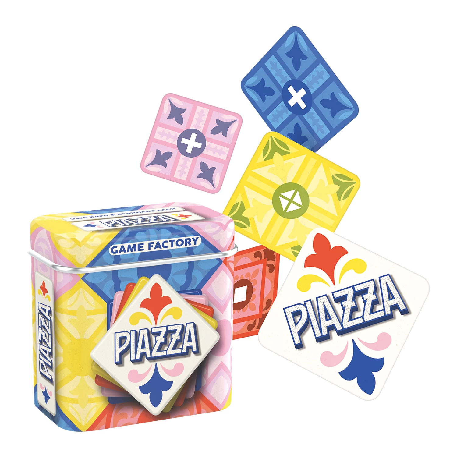 Une boîte de jeu colorée avec des cartes de jeu volant au-dessus dans diverses couleurs.