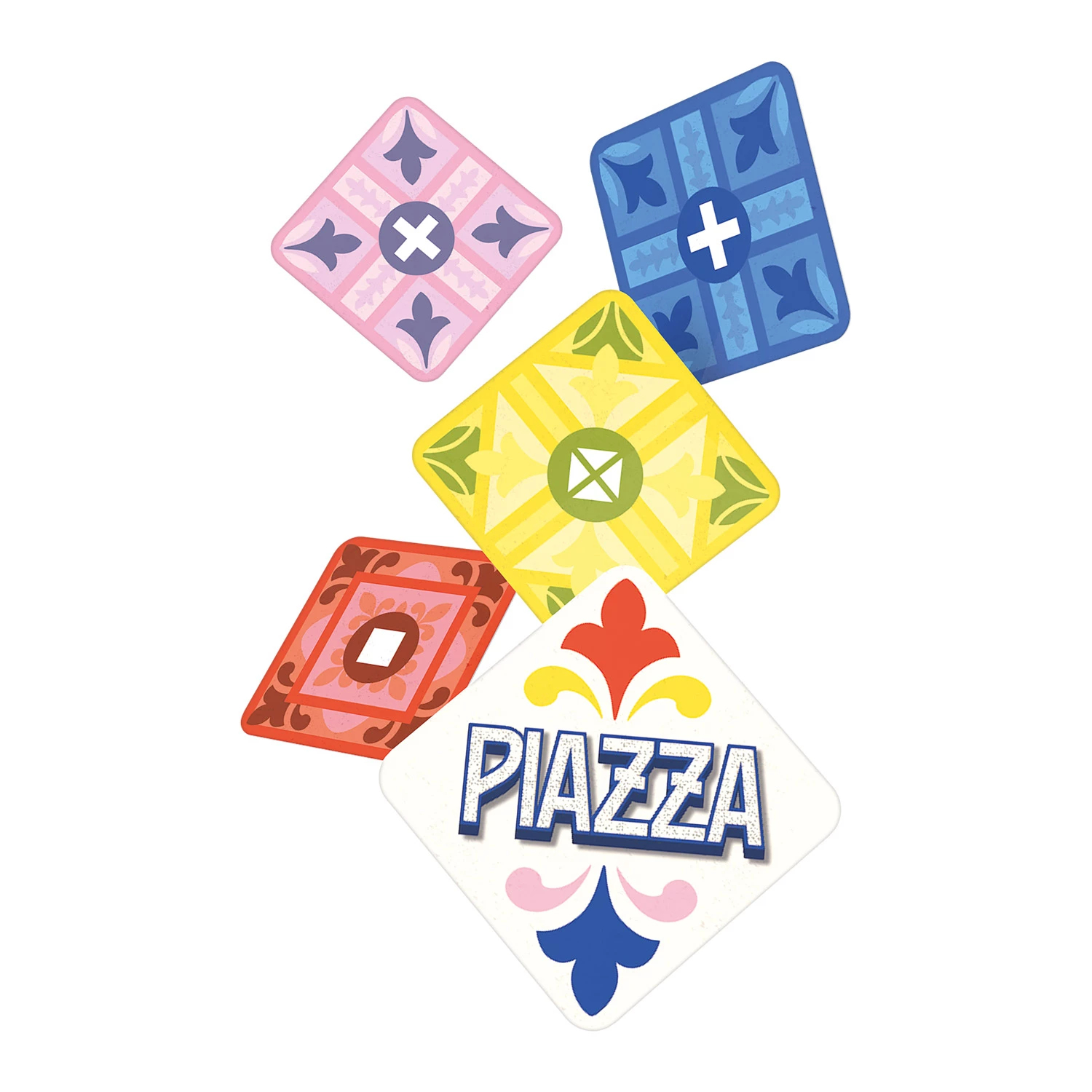 Cinq carreaux de diamant colorés avec des motifs et du texte.