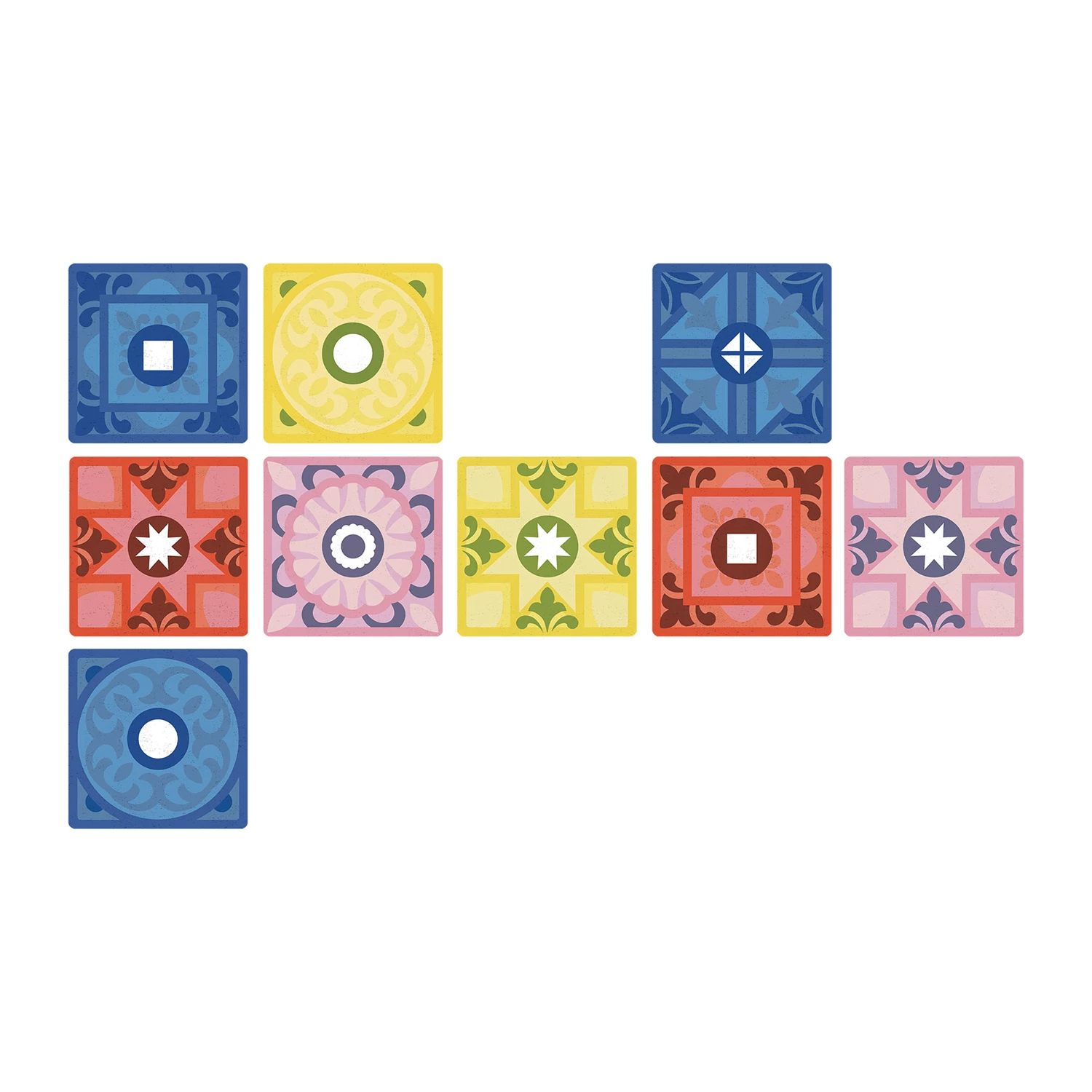 Huit motifs de carreaux avec des motifs dans des tons bleus, jaunes, rouges et roses.