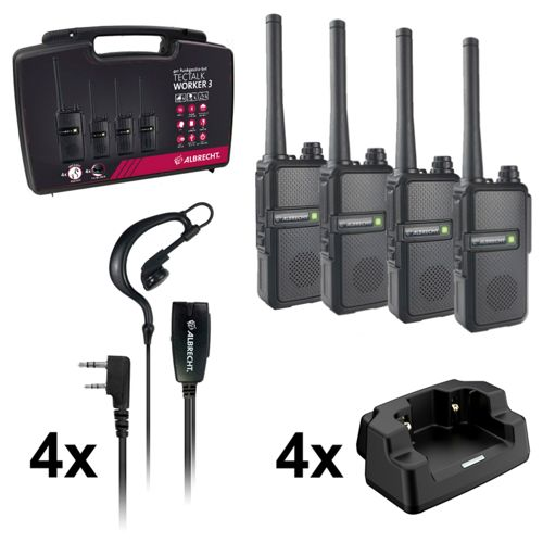 Vier Albrecht Tectalk Worker 3 Funkgeräte mit Zubehör, Ladegehäuse und Headsets.