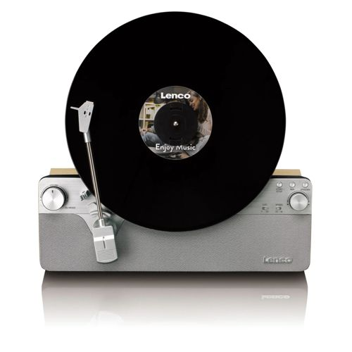 Een platenspeler met een zwarte plaat met de tekst 'Lenco' en 'Enjoy Music'.