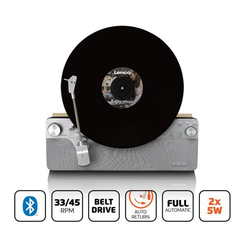 Zilveren platenspeler met zwarte vinylplaat, knoppen en luidsprekers.