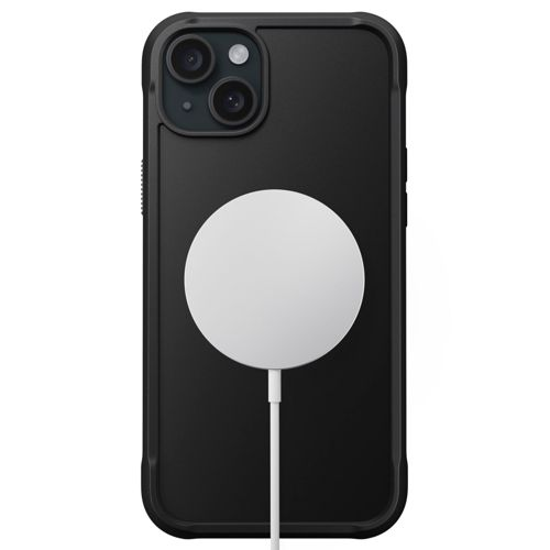 Custodia nera per iPhone con caricatore MagSafe bianco e cavo.