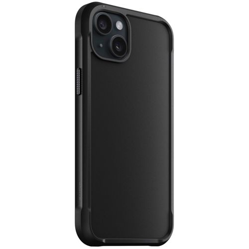 Custodia nera per telefono con rialzo fotocamera e pulsanti laterali. Sfondo bianco.