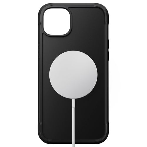 Custodia nera per iPhone con caricatore MagSafe bianco.