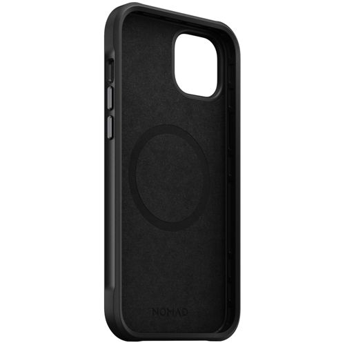 Interno di custodia nera per telefono con anello magnetico e logo Nomad.