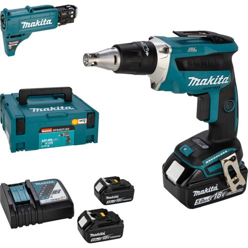 Makita Akkuschrauber mit Koffer, Ladegerät und zwei Akkus.