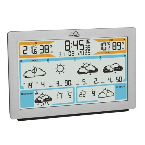 Digitales Wettergerät zeigt Innen-/Außentemperatur, Luftfeuchtigkeit und Wettervorhersage.