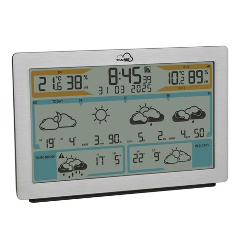 Digitale Wetterstation zeigt Innentemperatur 21,6C, Luftfeuchtigkeit 38%, Außentemperatur 10,2C, Luftfeuchtigkeit 89%.