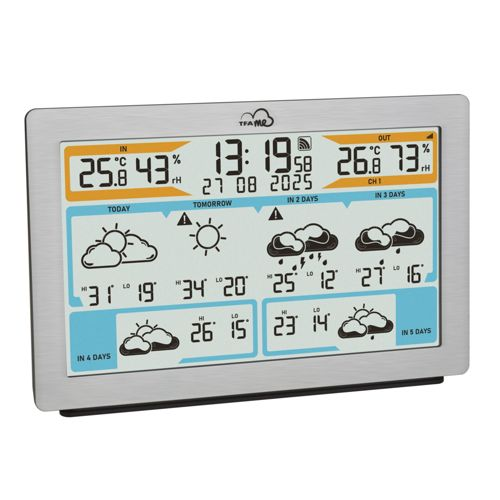 Digitalwetterstation zeigt Innen-/Außentemperatur, Luftfeuchtigkeit, Uhrzeit und Wettervorhersage.