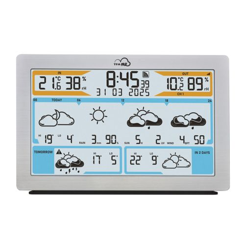 Ein Wetterstation-Display zeigt Innen-/Außentemperatur, Luftfeuchtigkeit, Zeit und Wettervorhersage.