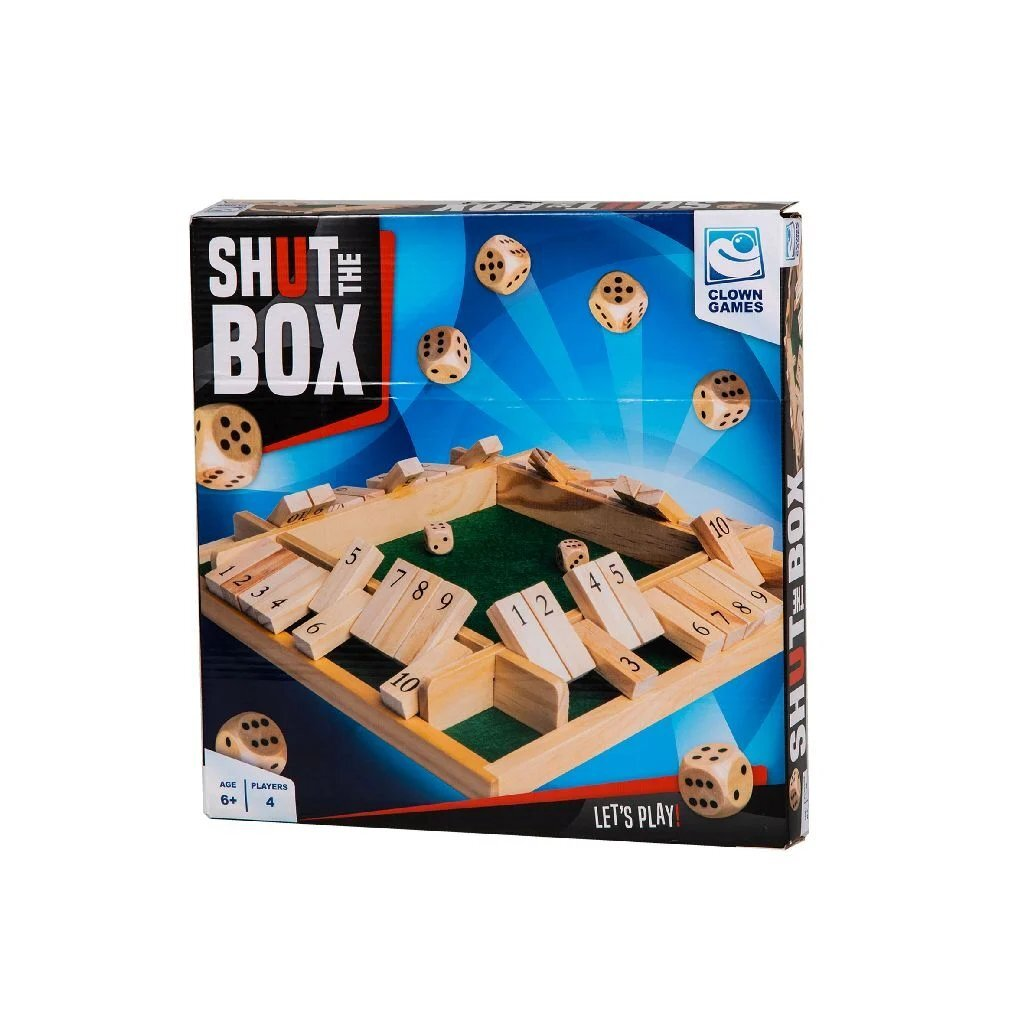 Tabellone del gioco "Shut the Box" con dadi e tessere numeriche ribaltabili. 6+ anni, 4 giocatori.