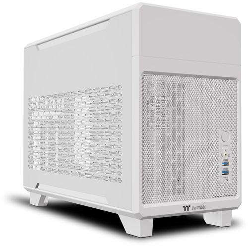 Un case per computer bianco con lati e frontale ventilati, su quattro piedi.