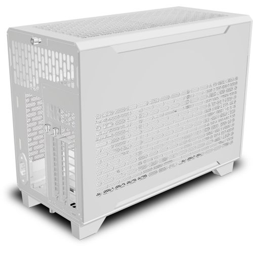 Un case per computer bianco con griglie di ventilazione sulla parte superiore e sui lati.