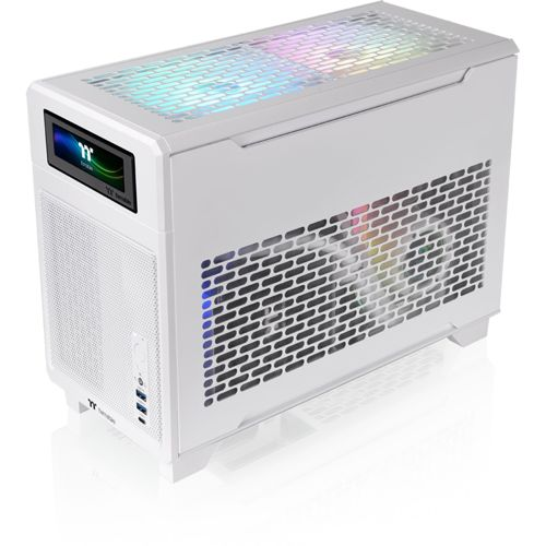 Un supporto per case PC bianco con illuminazione RGB e un piccolo schermo.