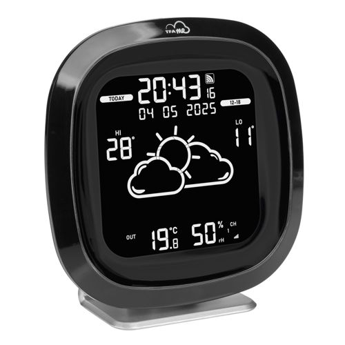 Horloge numérique affiche 20:43, 4 mai 2025. Max 28°, min 11°.