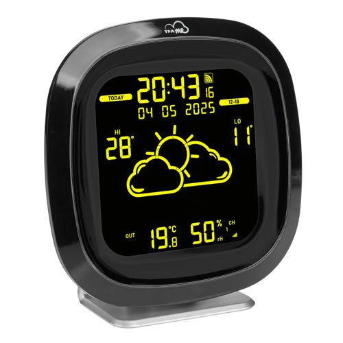 Horloge numérique affiche 20:43, date, météo soleil et nuages, 28°C HI, 11°C LO.