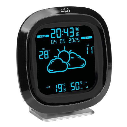 Un écran météo noir affiche 20h43, 28°C max, 11°C min.