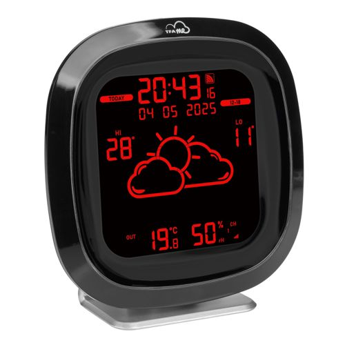 Horloge numérique affiche 20:43, 28°C max, 11°C min, 19.8°C ext. et 50% humidité.
