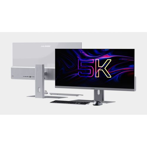 Un monitor argentato con logo 5K e tastiera su sfondo grigio.