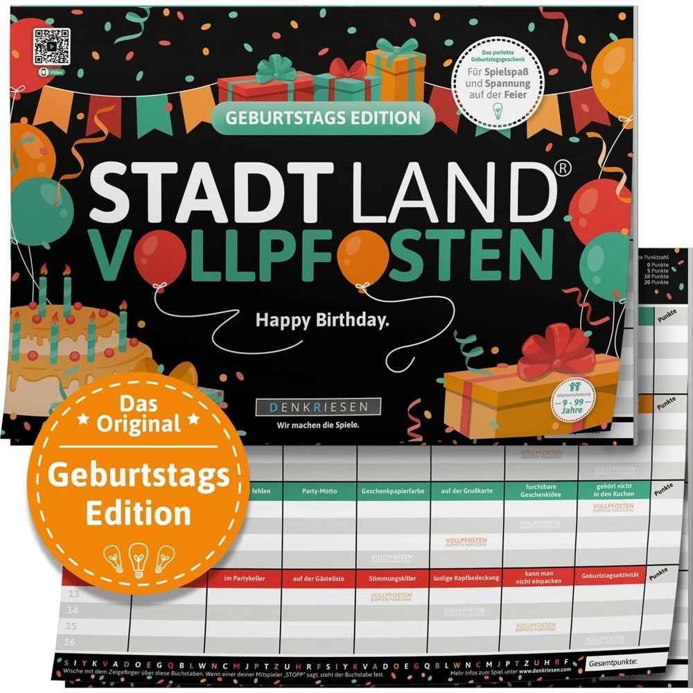 Geburtstagsspiel "Stadt Land Vollpfosten" mit Kuchen, Geschenken und Ballons.
