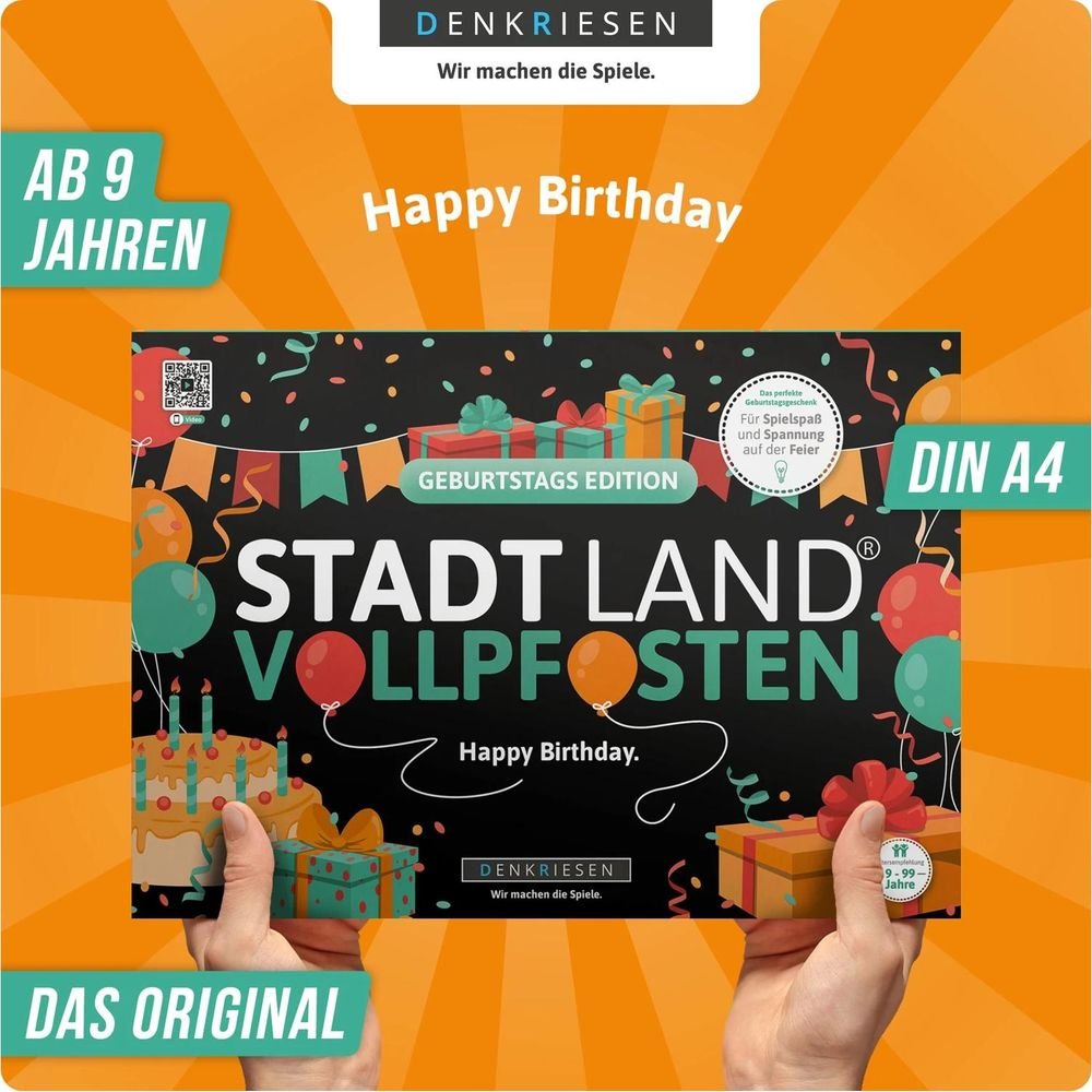 Geburtstagsspiel "Stadt Land Vollpfosten" von Denkriesen, A4, ab 9 Jahren.